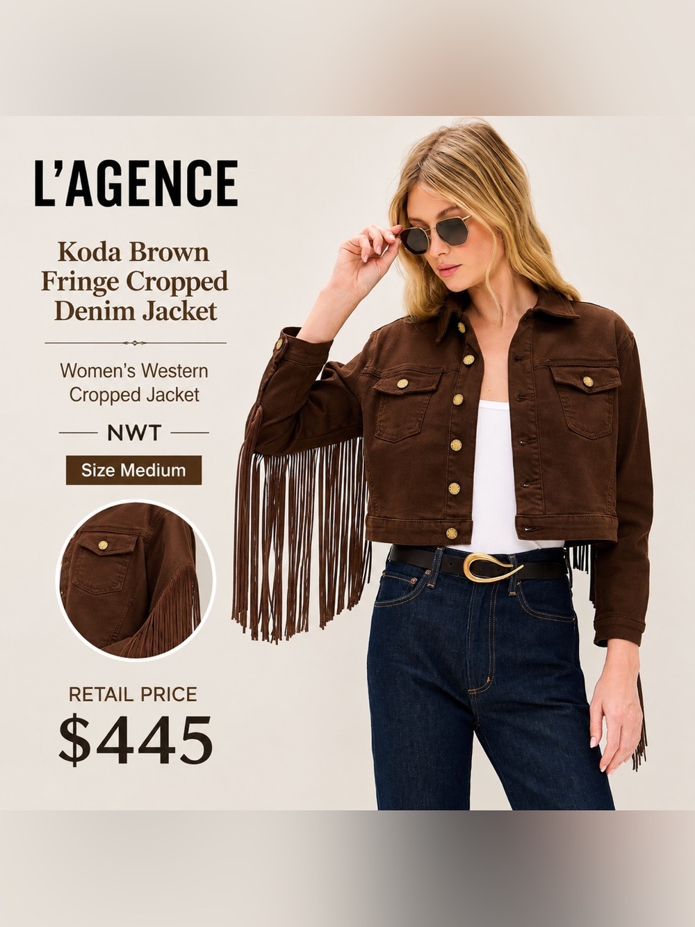 L'AGENCE Koda Brown Fringe Cropped Denim Jacket NWT Medium Women's Western